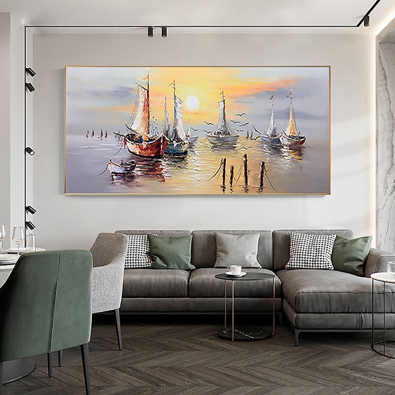 Oil Painting 100% Handmade Hand Painted Wall Art On Canvas Abstract Ocean Sailboat Sunset Landscape Home Decoration Decor Rolled Canvas No Frame Unstretched
