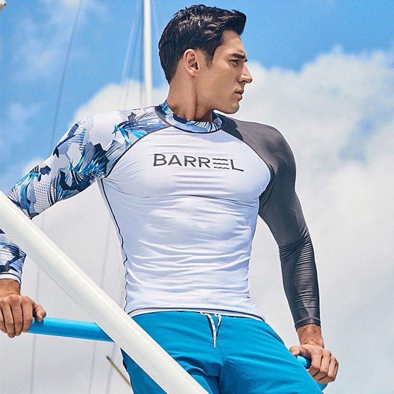 Men's Rash Guard Swim Shirt UPF50+ Quick Dry Lightweight Long Sleeve Sun Shirt Bathing Suit Swimming Surfing Beach Water Sports Patchwork Spring Summer