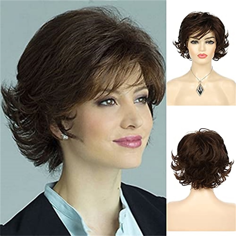 Wiwige Short Brown Wig with Bangs Women Fluffy Synthetic Heat Resistant Costume Cosplay Wigs - Main Image