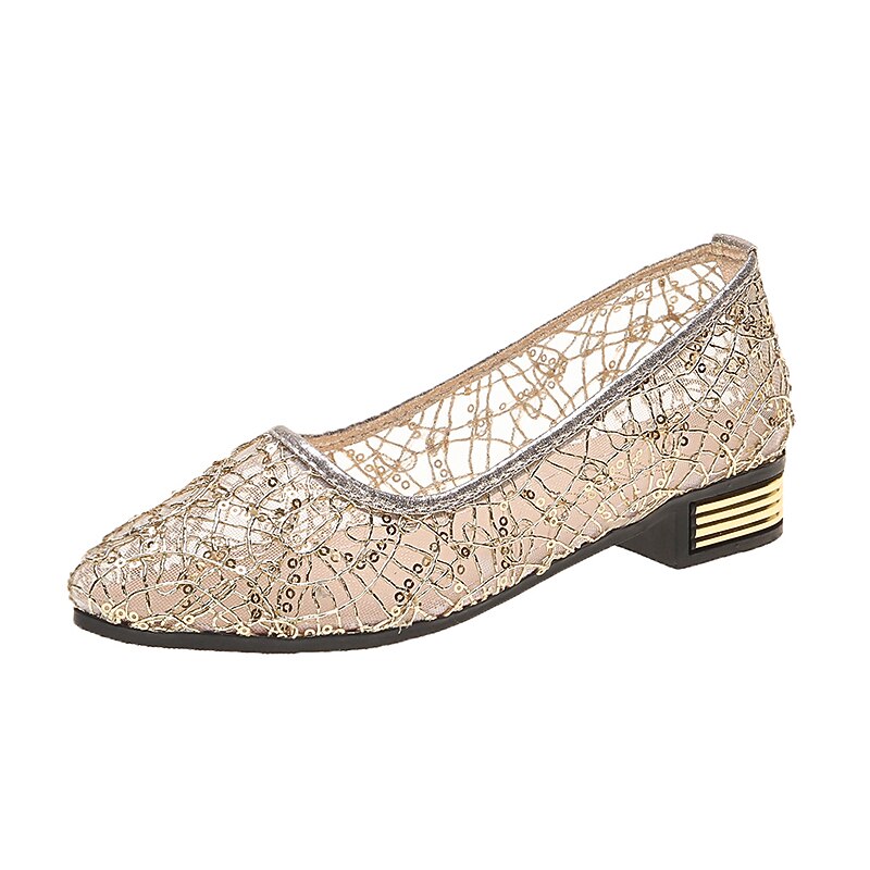 Women's Gold Lace Flats with Metallic Heel – Elegant Sequin Embellished Ballet Shoes for Weddings, Parties, and Formal Occasions