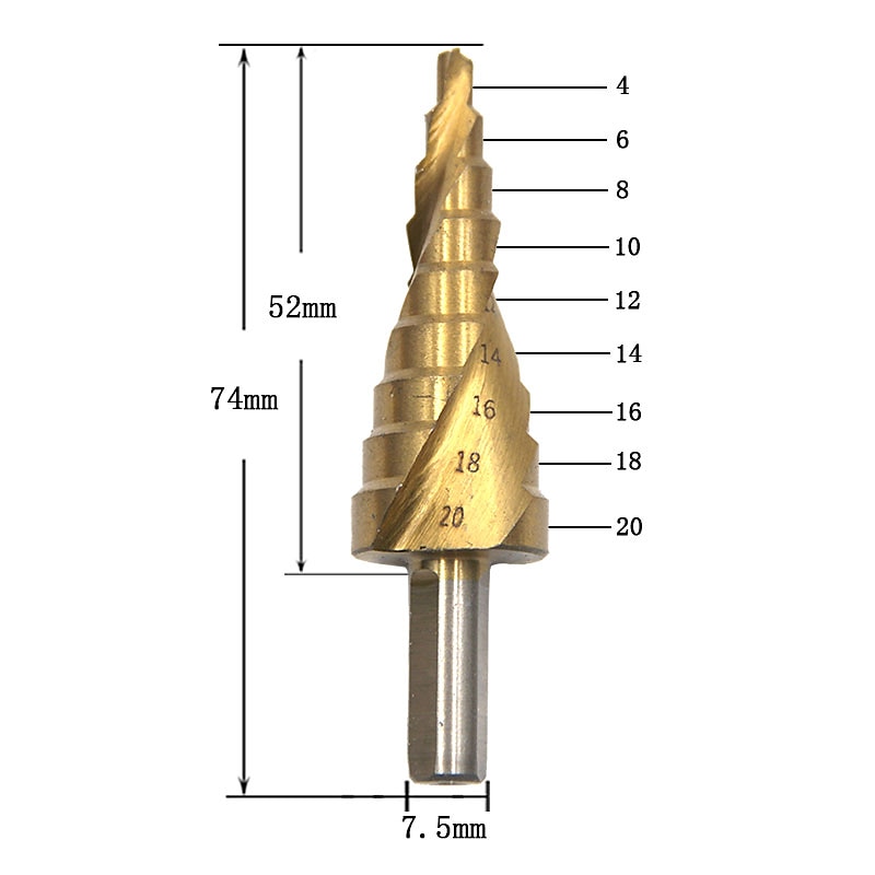 HSS Step Drill Bits 4mm-20mm Spiral groove Power Tools Triangular handle Wholesale Price High Quality metal Drilling Titanium3