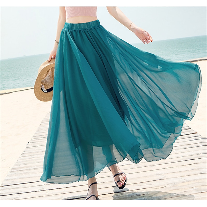 Women's Skirt Swing Long Skirt Maxi Skirts Layered Solid Colored Casual Daily Beach Summer Chiffon Fashion Summer Black White Yellow Pink2