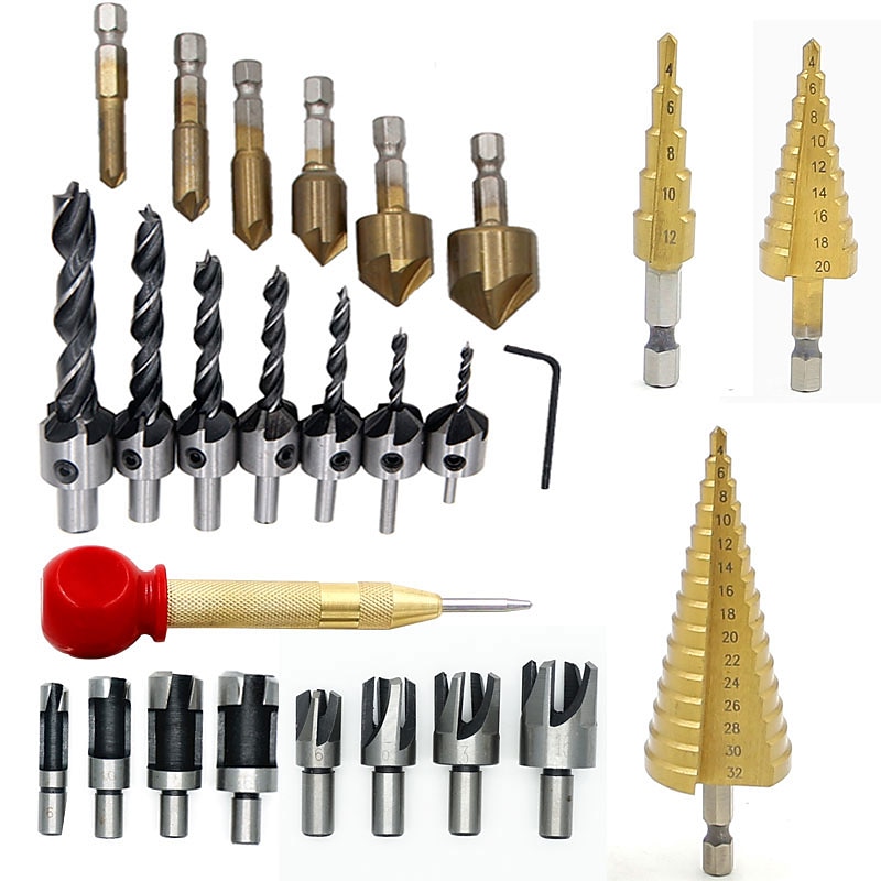 26 PC Set Step Drill Woodworking Drilling DIY Countersink Bits Cork Drill Center Punch Set