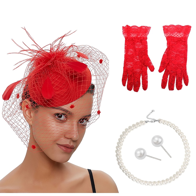 Retro Vintage 1950s 1920s Headpiece Party Costume Fascinator Hat Fancy Dress Women's Masquerade Party / Evening Bachelorette Party Adults' Gloves Earrings Necklace3