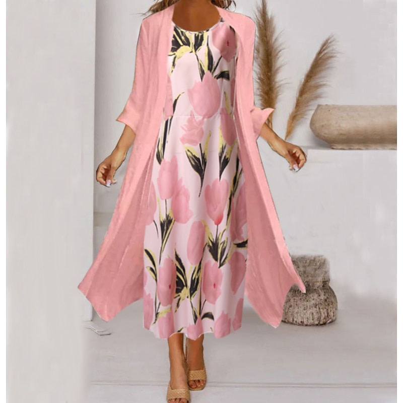 Women's Midi Dress Two Piece Dress Set Church Dress Pink Green Gray 3/4 Length Sleeve Floral Ruched Summer Spring Crew Neck Elegant 2023 S M L XL XXL 3XL