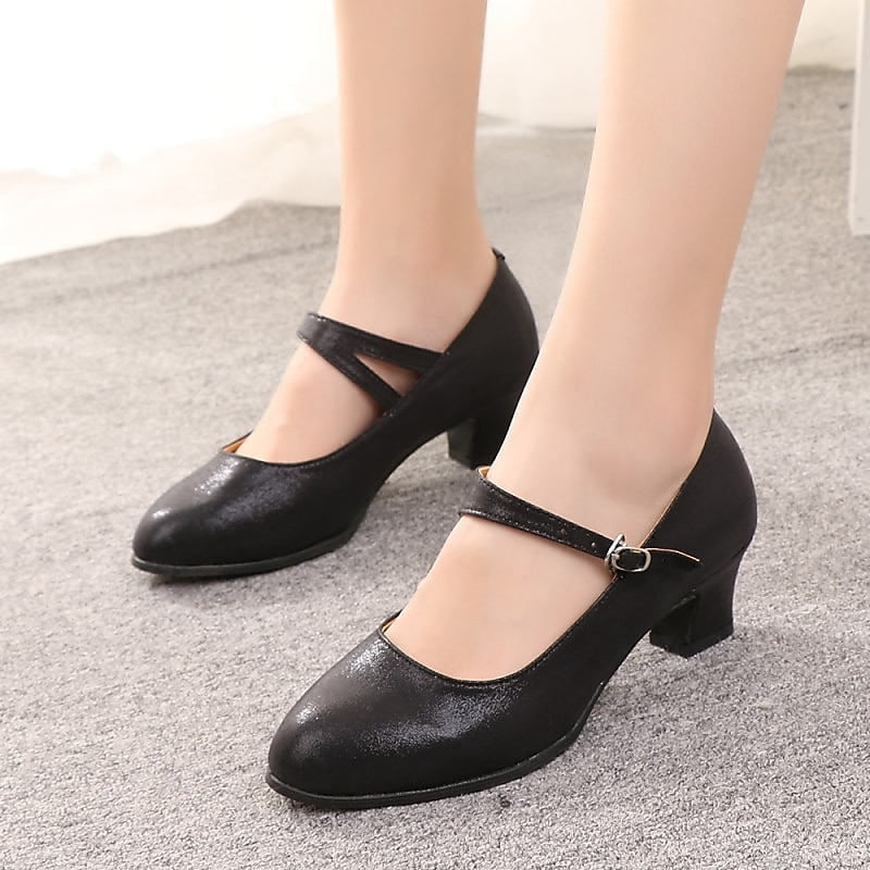 Women's Black Soft Sole Latin Dance Shoes – Low Heel PU Ballroom Practice Heels for Beginners and Social Dancing2