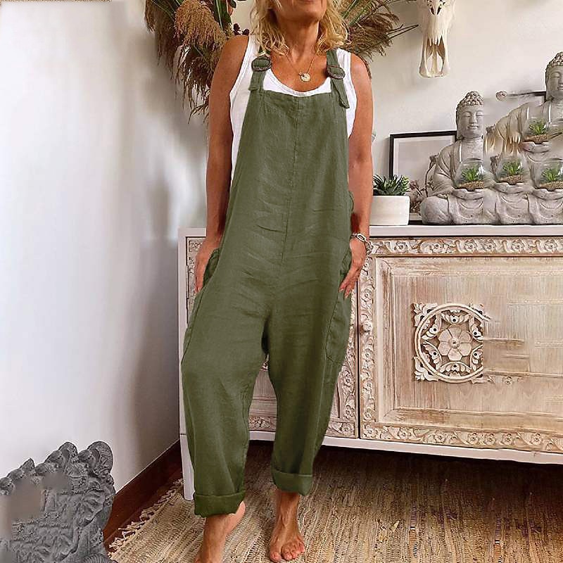 Women's Jumpsuits Casual Bib Utility Rompers Side Pockets Full Length Pants Weekend Inelastic Plain Faux Linen Comfort Mid Waist Green Black Red S M L XL XXL Summer Fall Dungarees