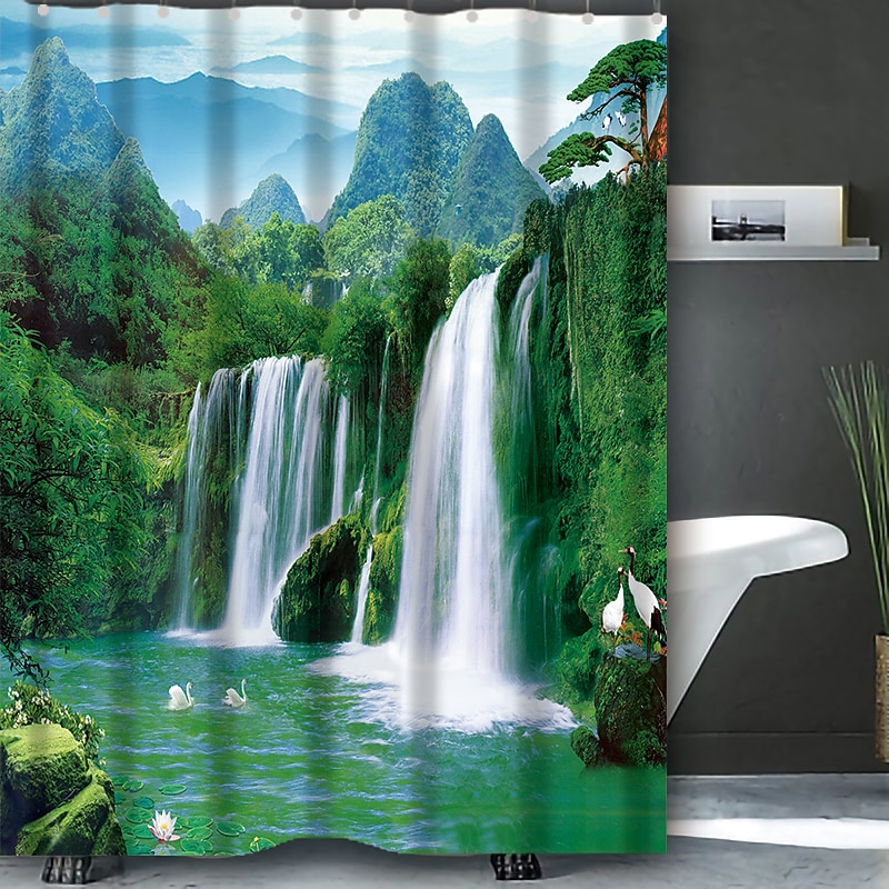 Shower Curtain with Hooks 180cm*180cm(70"*70") Polyester Washable Waterproof Landscape Waterfall Pattern2