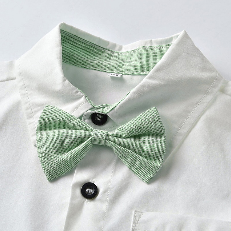 2 Pieces Ring Bearer Suit Boys Kids Shirt & Shorts Clothing Set Outdoor Street Fashion Cool Casual Solid Color Bow Pink Green Cotton4