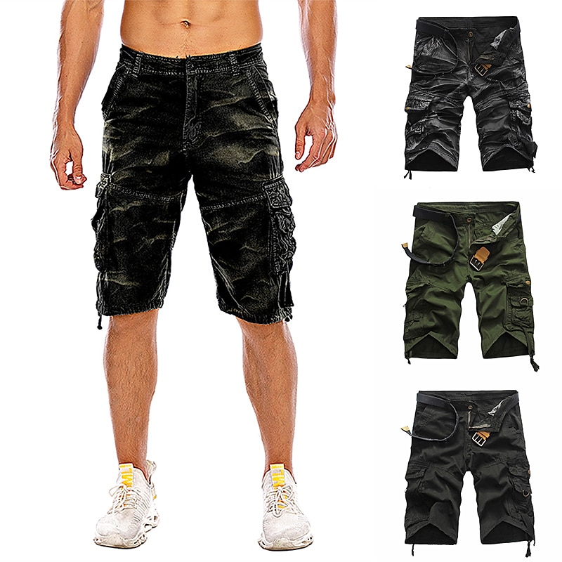 Men's Cargo Shorts Camo Shorts Hiking Shorts Multi Pocket Plain Camouflage Knee Length Streetwear Black Army Green Micro-elastic