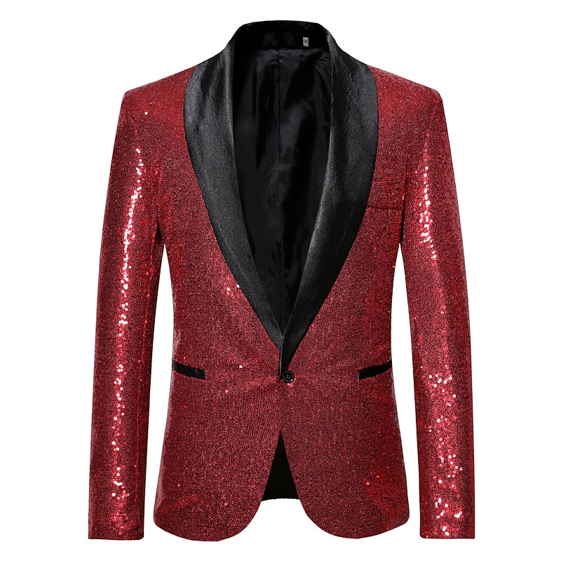 Men's Blazer Jacket Blazer Shawl Collar Party Sparkle Casual Solid Colored Silver Black Wine Regular Fit Single Breasted One-button