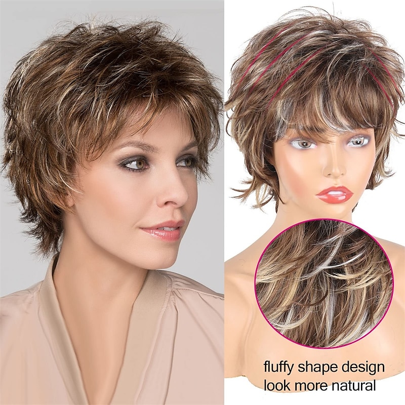 Short Brown Wigs for Women Pixie Cut Wig with Bangs Layered Straight Curly Wigs for White Women Shaggy Full Synthetic Wig Wavy Curly Medium Length Mixed Brown Highlight Wig For Daily Party2