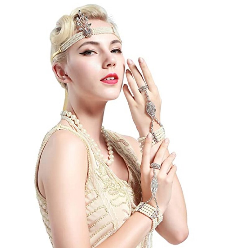1920s Flapper Bracelet Ring Set Roaring 20s The Great Gatsby Art Deco Pearl Crystals Jewerly Accessories4