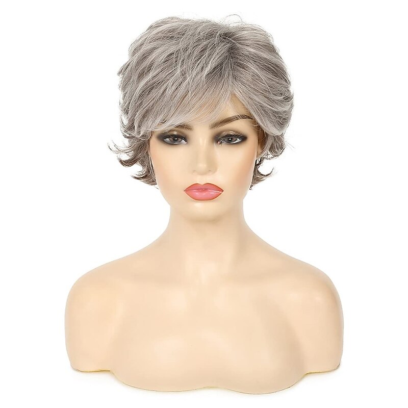 Short Curly Fluffy Wig Silver Mixed Brown Layered Messy Shaggy Synthetic Hair Wig for Women Old Lady2