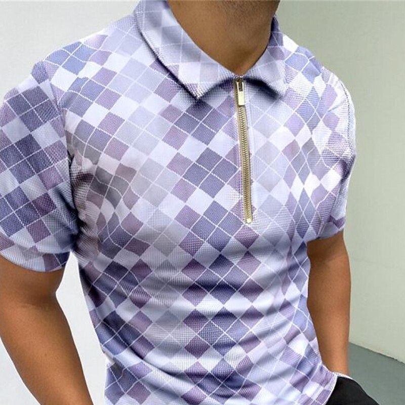 Men's Polo Shirt Golf Shirt Casual Daily Turndown Quarter Zip Short Sleeve Sports Fashion Argyle Zipper Quarter Zip Spring & Summer Regular Fit Sky Blue Light Purple Light Grey Polo Shirt