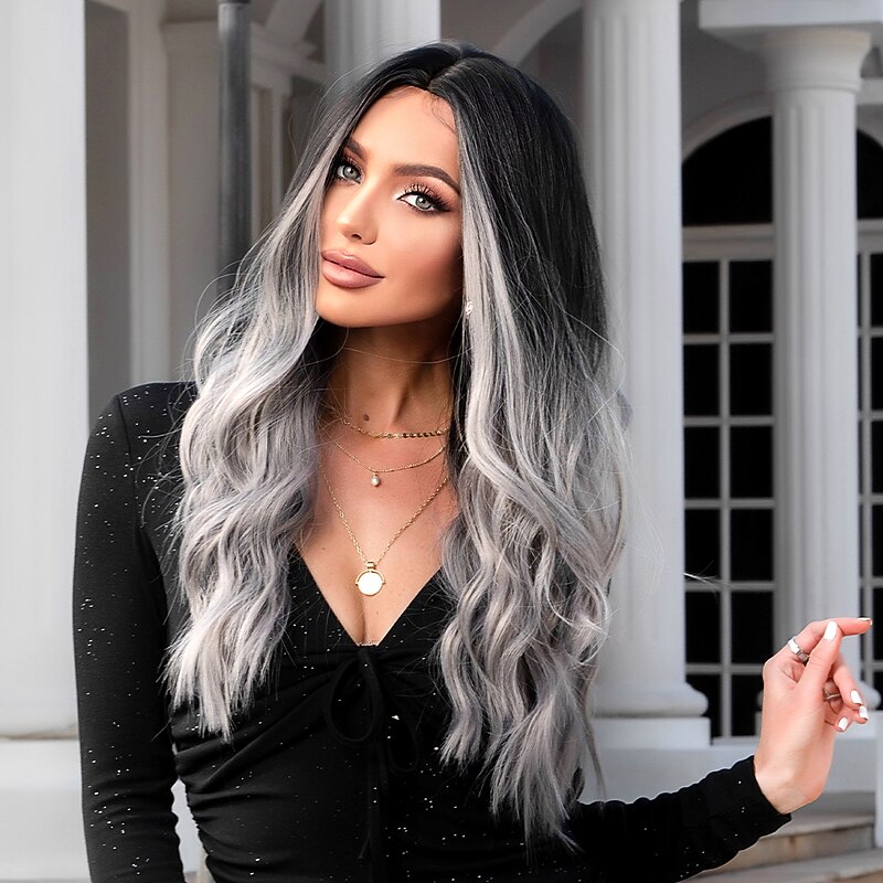 HAIRCUBE Ombre Black to Gray Wigs Natural Wavy Hair Wig Middle Part for Women Cosplay Synthetic Heat Resistant Fiber Daily Wigs Christmas Party Wigs3