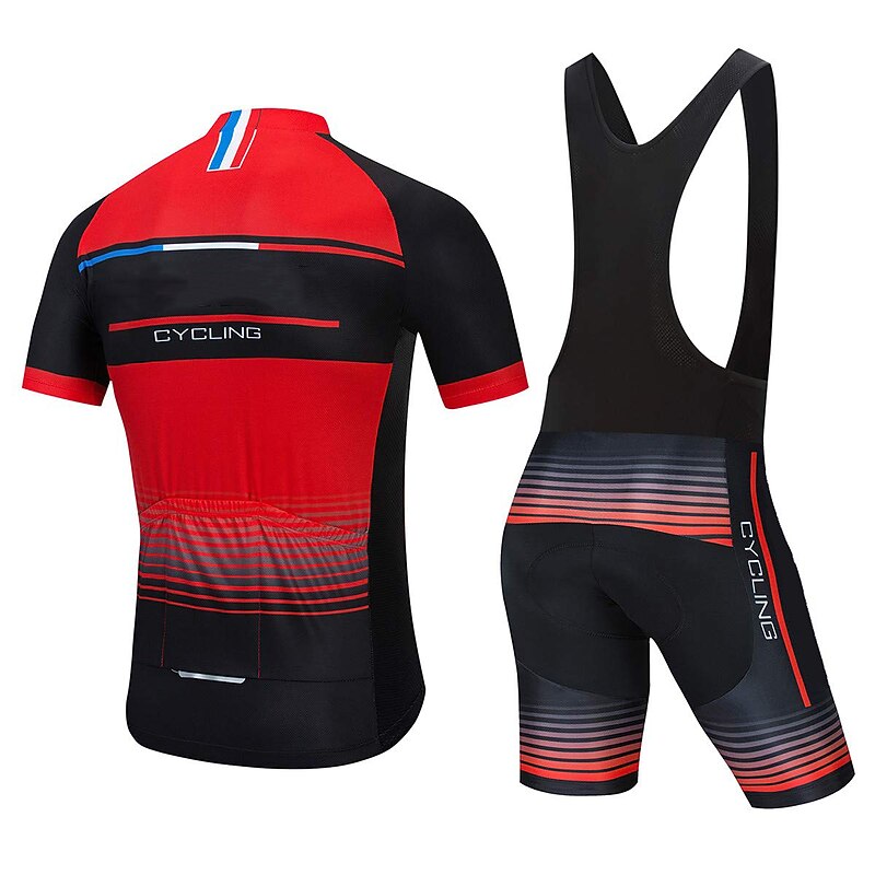 Men's Cycling Jersey with Bib Shorts Short Sleeve Mountain Bike MTB Road Bike Cycling Red Green Stripes Bike Clothing Suit 3D Pad Breathable Quick Dry Back Pocket Polyester Spandex Sports Stripes3