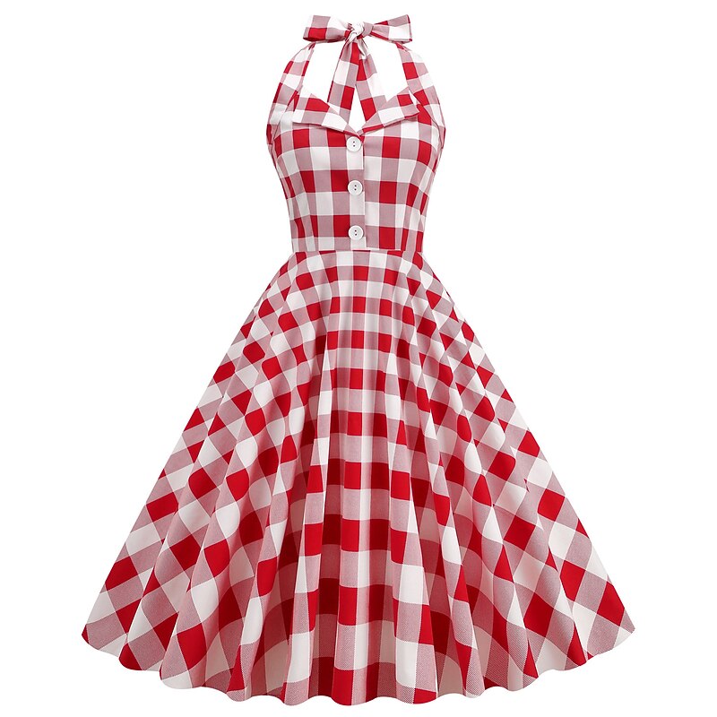Women's 1950s Audrey Hepburn Halter Swing Dress 100% Cotton Flare Dress Retro Vintage Gingham Check Dailywear Tea Party Casual Daily Sleeveless Fit & Flare Dress Christmas2