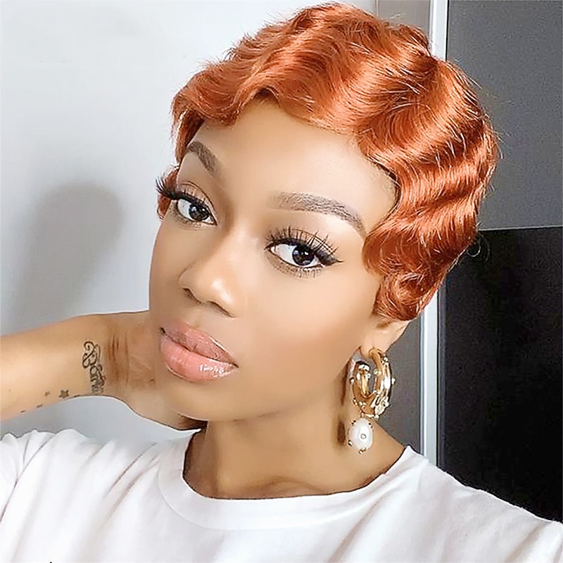Full Machine Made Wigs Short Finger Waves Hairstyles Remy Human Hair Wavy Pixie Cut None Lace Wig  Brown Natural Dark Brown3