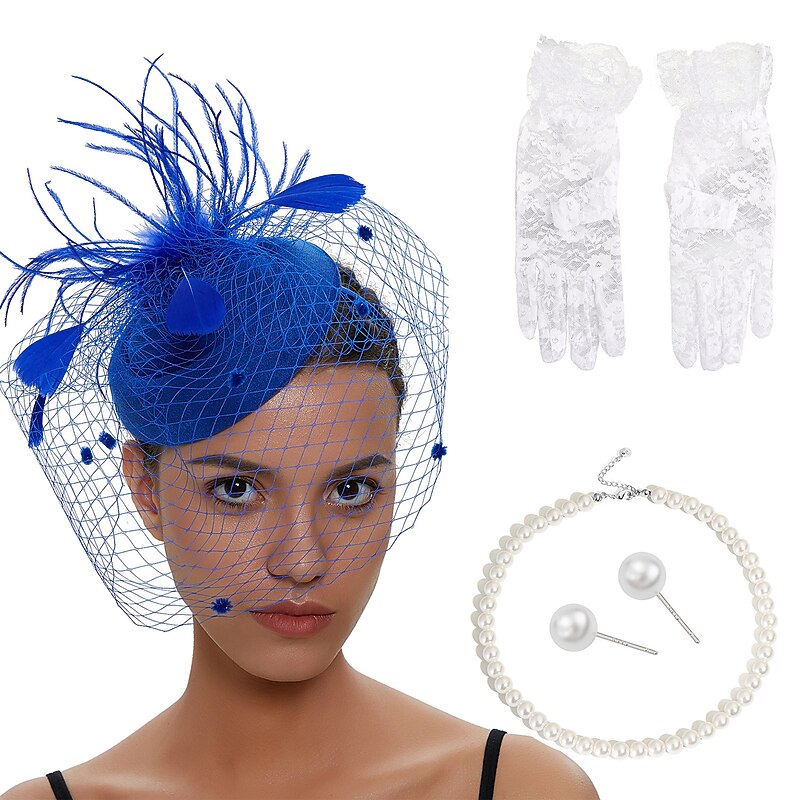 Retro Vintage 1950s 1920s Headpiece Party Costume Fascinator Hat Fancy Dress Women's Masquerade Party / Evening Bachelorette Party Adults' Gloves Earrings Necklace2