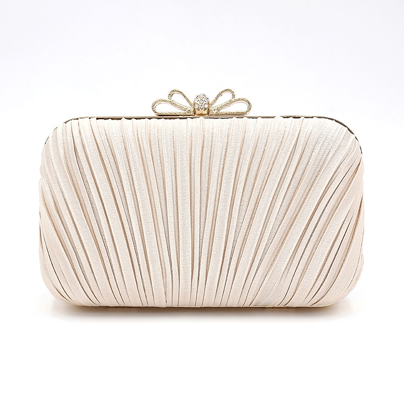 Women's Elegant White Pleated Clutch Bag – Rhinestone Bow Evening Handbag for Weddings, Parties, and Formal Events2