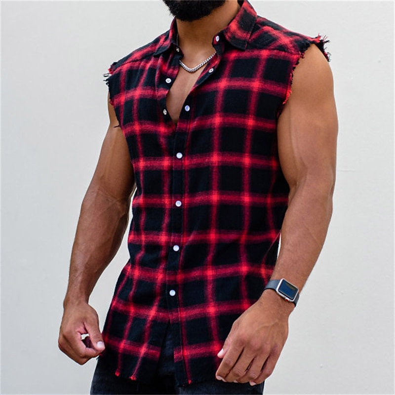 Men's Shirt Summer Shirt Plaid Shirt Button Up Shirt Checked Shirts Yellow Red Blue Sleeveless Plaid / Check Turndown Outdoor Street Button-Down Clothing Apparel Fashion Casual Breathable Comfortable3
