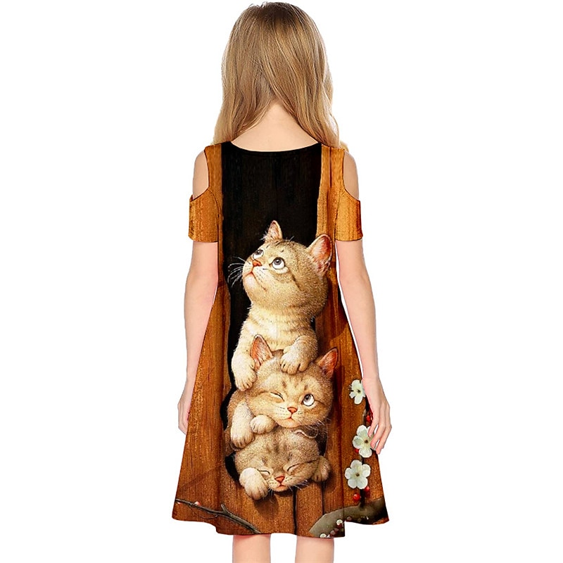 Girls' 3D Animal Cat Dress Short Sleeve 3D Print Summer Spring Vacation Daily Holiday Cute Casual Sweet Kids 3-12 Years A Line Dress Above Knee Regular Fit4