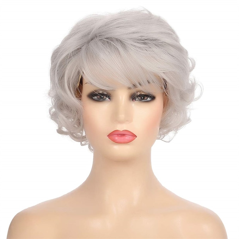 Short Curly Grey Hair Old Lady Wig with Bangs Natural Synthetic Hair Heat Resistant Cosplay Full Wigs
