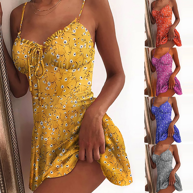 Women's Casual Dress Sundress Floral Dress Mini Dress Dark Yellow Light Pink White Sleeveless Floral Lace up Spring Summer Spaghetti Strap Hot Vacation Weekend Slim 2023 S M L XL XXL 3XL 4XL 5XL2