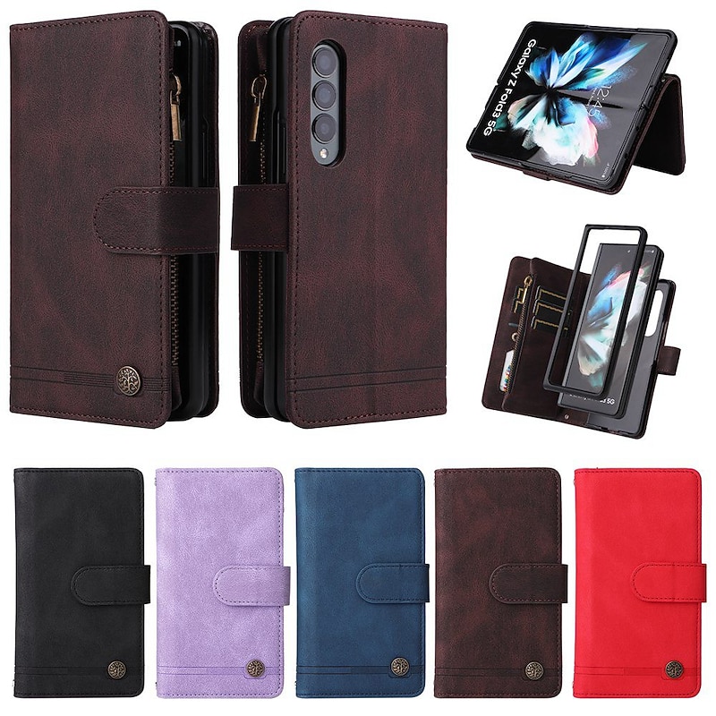 Phone Case For Samsung Galaxy Z Fold 4 Z Fold 3 Wallet Case Zipper with Adjustable  Neck Strap with Removable Cross Body Strap Solid Colored PU Leather