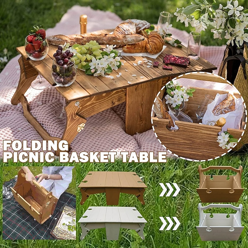 Wooden Outdoor Folding Picnic Basket Table,Portable Wooden Outdoor Picnic Wine Table Folding Beach Table Snack Cheese Tray, For Picnic Outdoor On The Beach Park Or Indoor