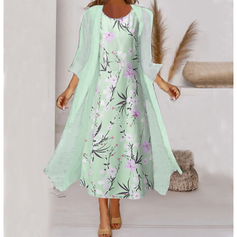 Women's Midi Dress Two Piece Dress Set Dress Light Green Light Blue 3/4 Length Sleeve Floral Print Summer Spring Crew Neck Elegant2
