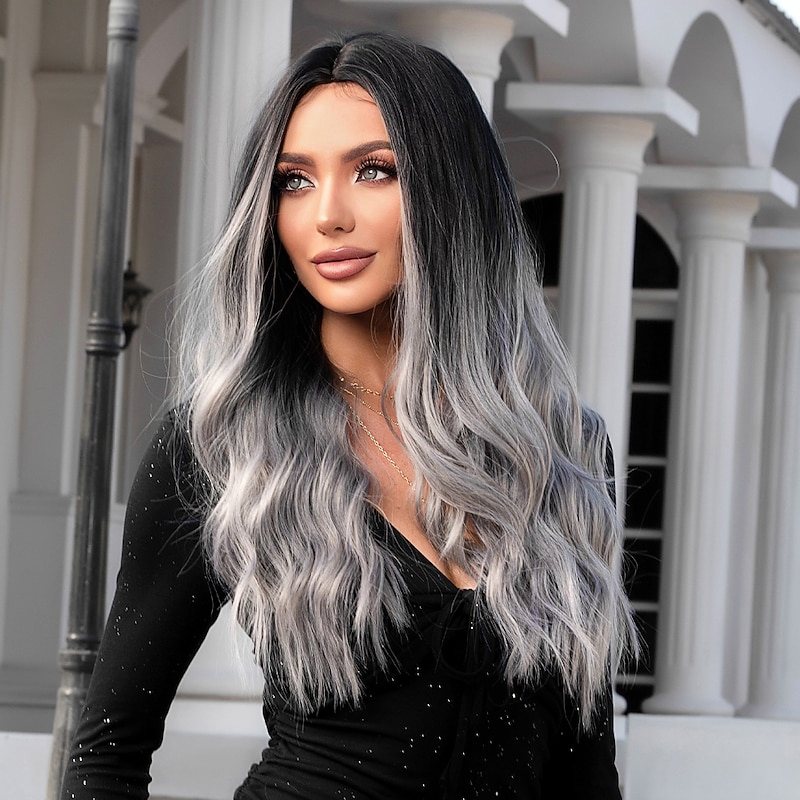 HAIRCUBE Ombre Black to Gray Wigs Natural Wavy Hair Wig Middle Part for Women Cosplay Synthetic Heat Resistant Fiber Daily Wigs Christmas Party Wigs2