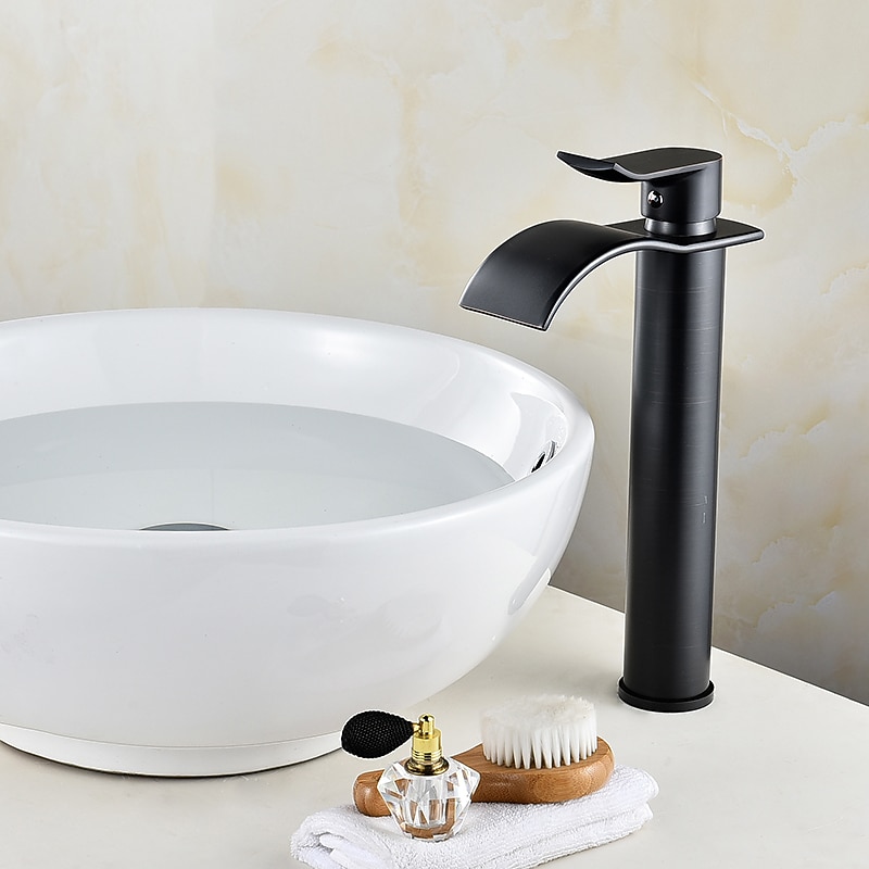 Brass Bath Sink Faucet with Drain,Waterfall Rose Gold Tall Centerset Single Handle One Hole Bath Taps with Hot and Cold Water3