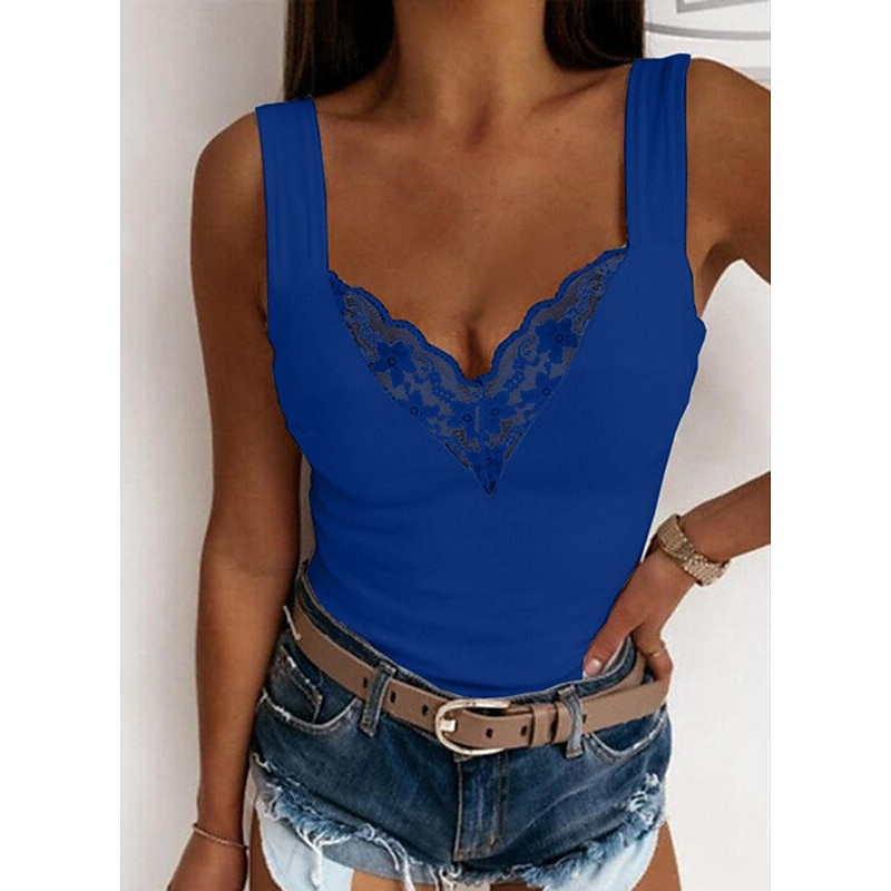 Women's Camisole Tank Top Going Out Tops Camis Concert Tops Black White Blue Plain Patchwork Lace Trims Sleeveless Party Daily Basic Sexy Sweetheart Regular S3