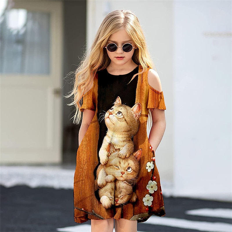 Girls' 3D Animal Cat Dress Short Sleeve 3D Print Summer Spring Vacation Daily Holiday Cute Casual Sweet Kids 3-12 Years A Line Dress Above Knee Regular Fit3