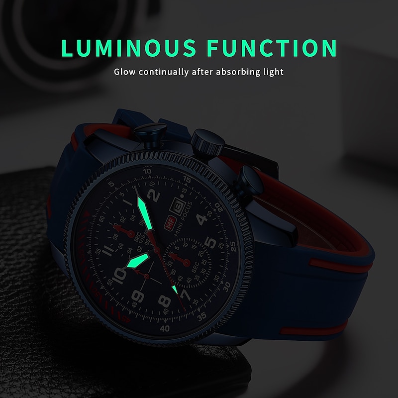 MINI FOCUS Men Quartz Watch Large Dial Outdoor Fashion Business Luminous Three Time Zones Calendar Waterproof Silicone Watch3