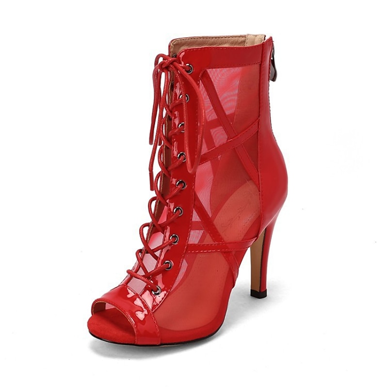 Women's Black Patent Faux Leather Lace-Up Mesh Dance Boots, Open-Toe High Heel Performance Shoes for Latin, Salsa, and Ballroom Dancing4