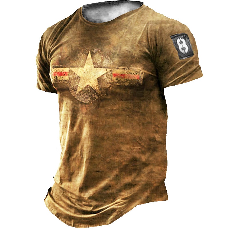 Men's Unisex Star Graphic Prints T Shirt Distressed T Shirt Short Sleeve T shirt 3D Print Crew Neck Shirt Vintage Sports Designer Outdoor Street Daily Light Brown Gold Brown Summer Clothing Apparel S4