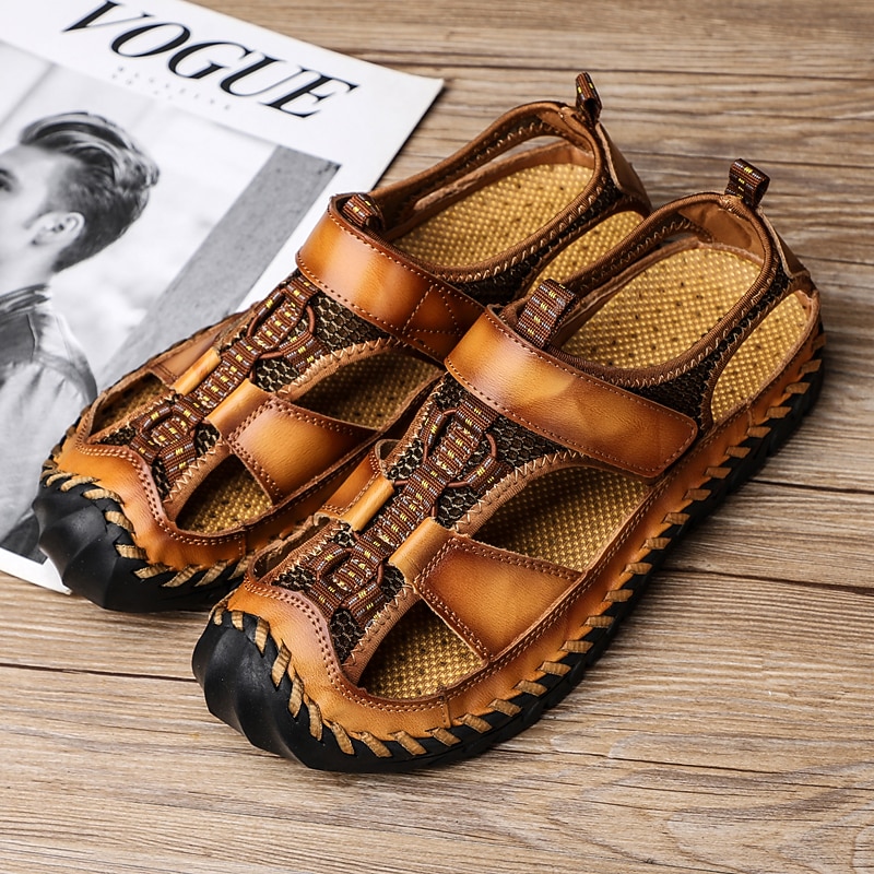 Men's Closed-Toe Leather Sandals with Hand-Stitched Details, Breathable Mesh Design – Ideal for Outdoor and Casual Wear