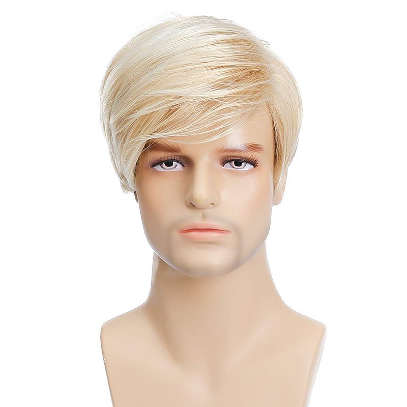 Mens Short Blonde Wig Natural Hair Replacement Synthetic   Hair Wigs (Light Blonde) Halloween Wigs4