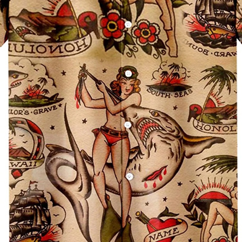 Men's Palm Leaf Pin Up Girl Shirt Summer Hawaiian Shirt Aloha Shirt Short Sleeve Shirt Turndown Vintage Fashion Designer Vacation Casual Daily Yellow Blue Brown Print S M L2