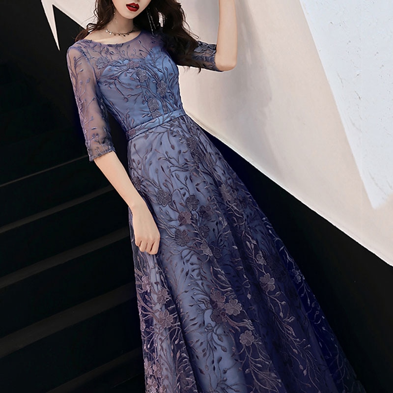 A-Line Evening Gown Elegant Dress Wedding Guest Formal Evening Floor Length Half Sleeve Jewel Neck Tulle with Embroidery Pattern / Print free custom size4