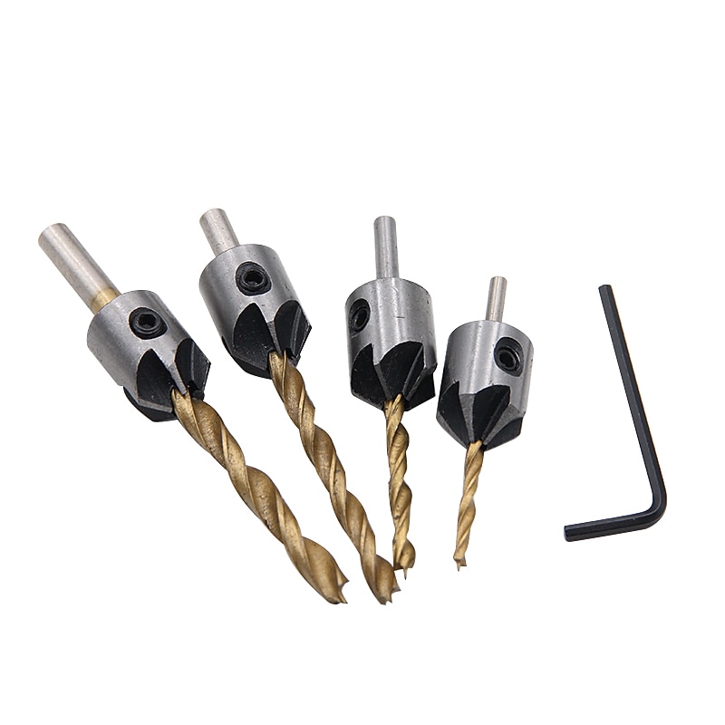 4pcs/set Drill Bit Set HSS 5 Flute Countersink 3mm-6mm High Speed Steel Chamfer Reamer Woodworking Power Tools