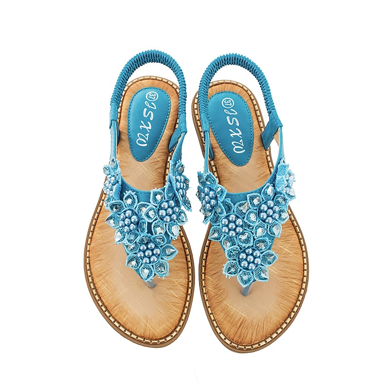 Women's Boho Floral Beaded Sandals – Casual Elastic Strap Summer Flip-Flops with Embellished Design for Beach or Casual Outfits