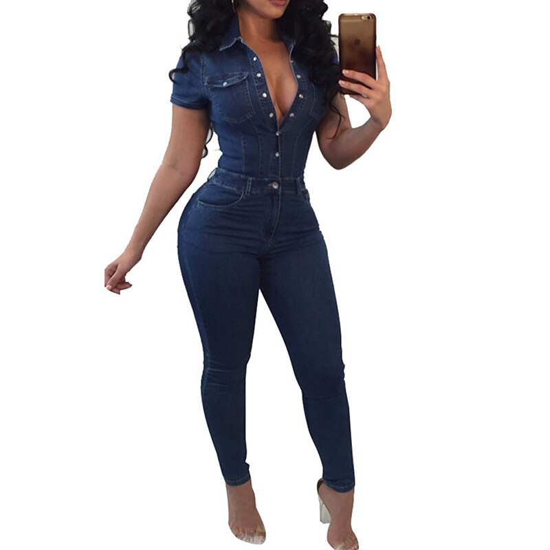 Women's Normal Jumpsuit Streetwear Solid Color Short Sleeve Shirt Collar Buttons Vacation Street Regular Fit Blue Summer3