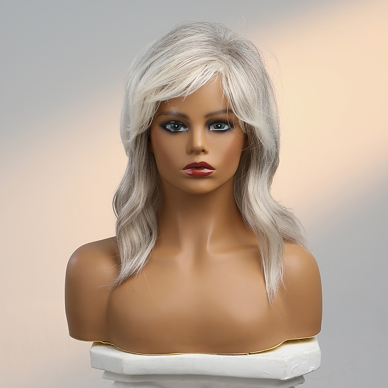 Human Hair Blend Wig Medium Length Natural Wave Side Part Layered Haircut Asymmetrical With Bangs Blonde Cosplay Curler & straightener Natural Hairline Capless Burmese Hair Women's All Golden Brown2