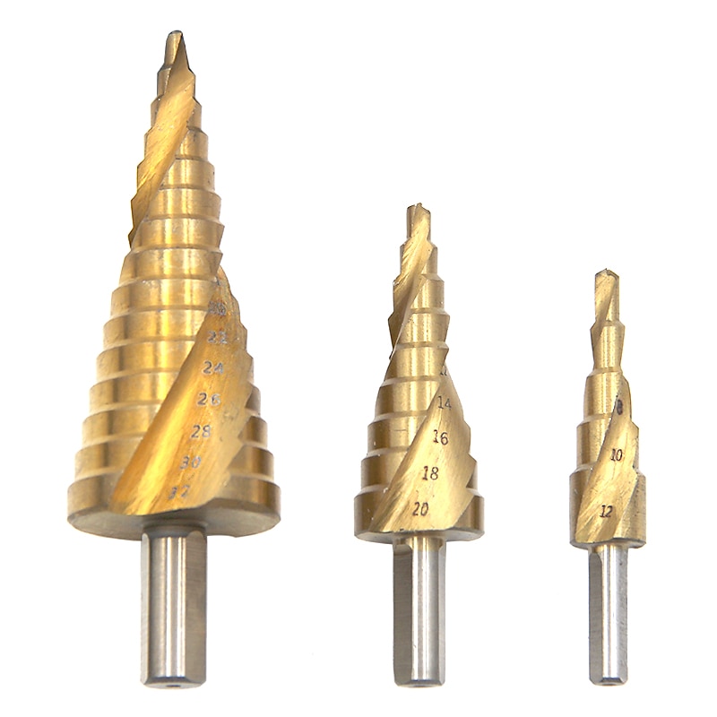 3pcs HSS Step Drill Bits Triangular Spiral Grooved Core Cone 4mm To 12mm 20mm 32mm Chamfer Hole Cut Cutter2