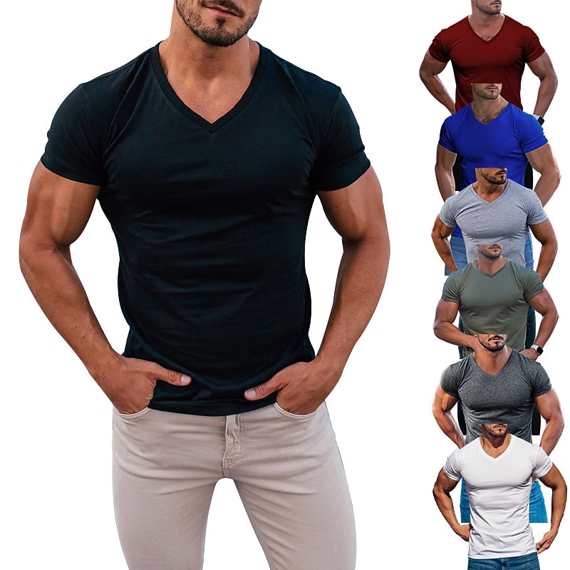 Men's T Shirt Moisture Wicking Shirts Short Sleeve V Neck Summer Plain Fashion Classic Comfortable Street Casual Sports Black White Red Top Tee for Men