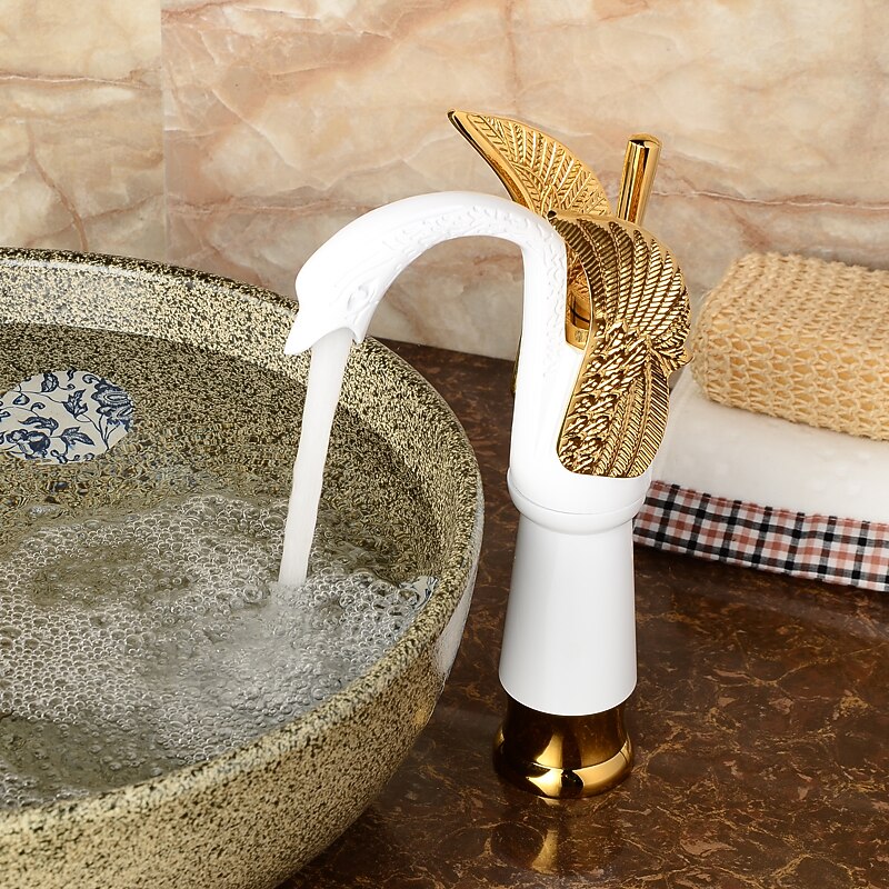 Retro Bathroom Sink Mixer Faucet Brass Swan Shap, Monobloc Washroom Basin Taps Single Handle One Hole Deck Mounted, Mono Water Vessel Tap Hot and Cold Hose Antique2
